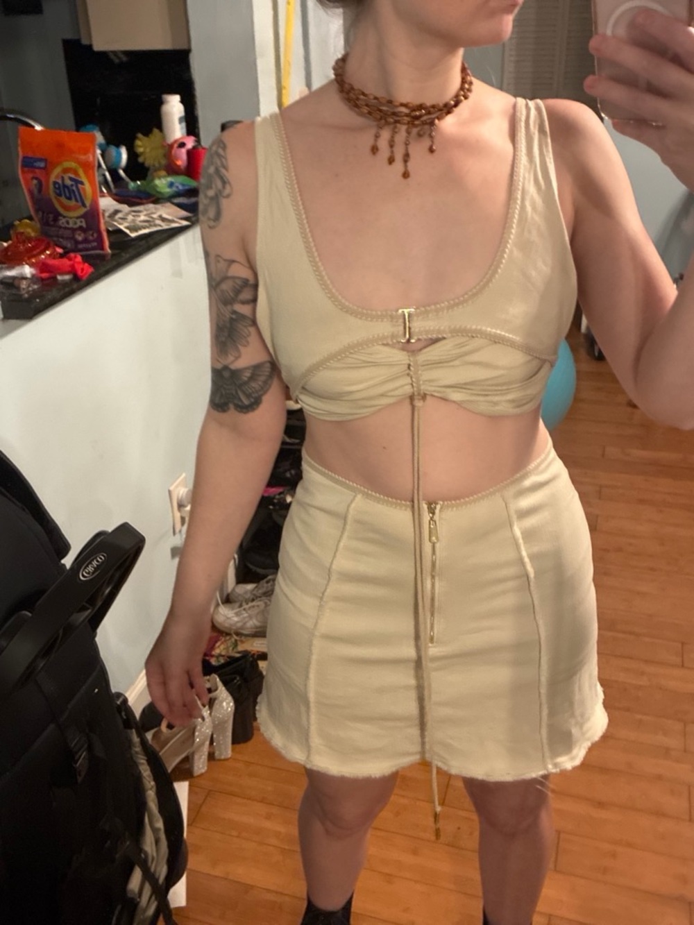 Cream Two-Piece Mini Dress Set with Front Drawstring